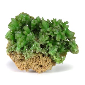 Puede incluir: Un espécimen mineral de color verde vibrante con grupos de cristales radiantes en forma de aguja. Los cristales se asientan sobre una matriz porosa de color marrón claro. La apariencia general es una llamativa exhibición de formaciones minerales naturales.