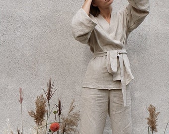 Linen kimono set, Soft linen lounge wear, Comfortable linen set for women, Kimono and culottes, Oversized Culottes, Linen short kimono