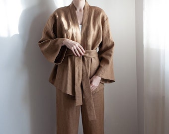 Linen kimono, Short kimono, Short linen robe, Soft linen lounge wear, Washed linen bath robe, Linen bathrobe, Linen kimono jacket