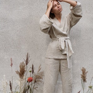 Linen kimono set, Soft linen lounge wear, Comfortable linen set for women, Kimono and culottes, Oversized Culottes, Linen short kimono image 1