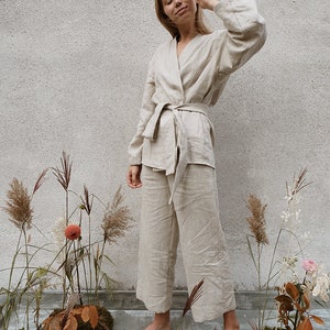 Linen kimono set, Soft linen lounge wear, Comfortable linen set for women, Kimono and culottes, Oversized Culottes, Linen short kimono image 2