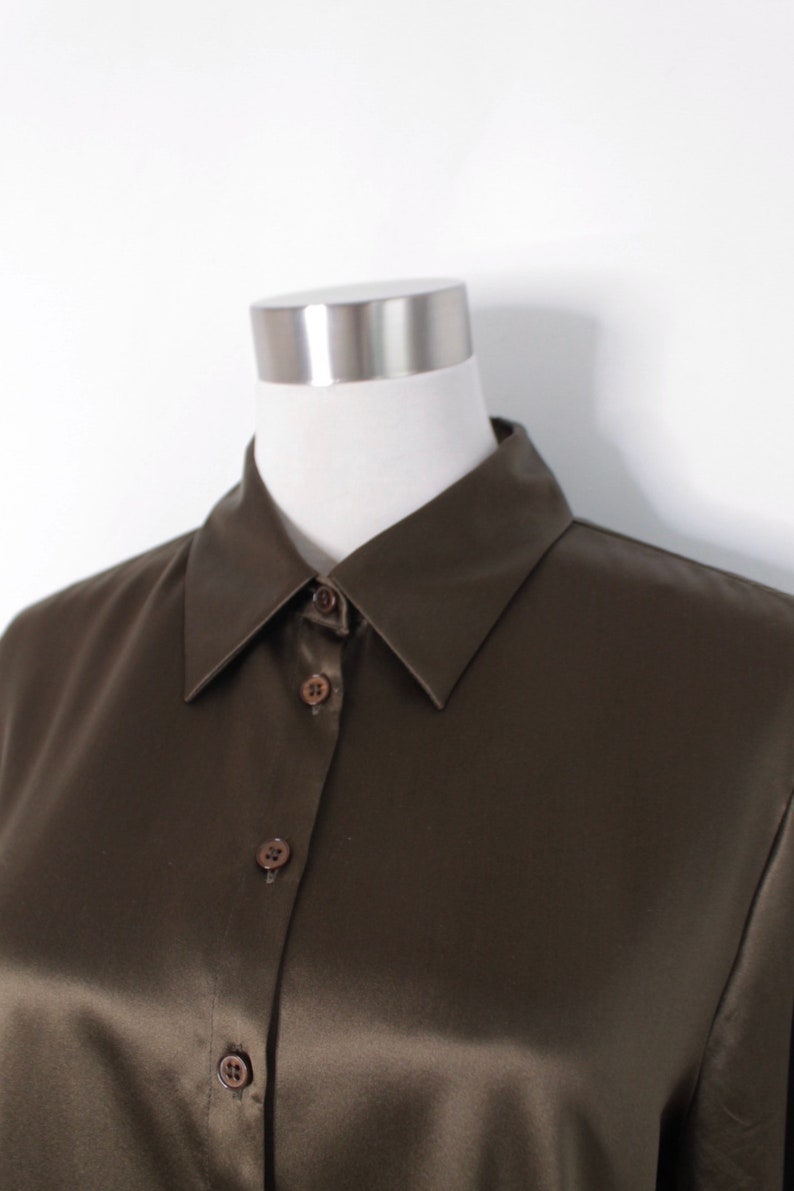 Olive Green Silk Button Up fits small Size 12