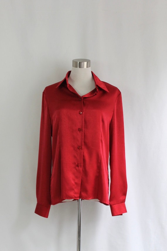 Red Satin Button Up Blouse - Size 8P