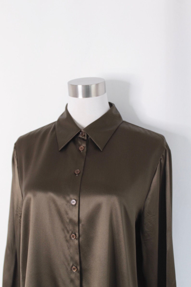 Olive Green Silk Button Up fits small Size 12