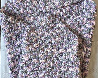 Handmade Crocheted Hooded Baby Blanket: Pastel Purple, Gray, and White