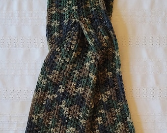 May include: A crocheted scarf in a camouflage pattern with green, brown, and black yarn.