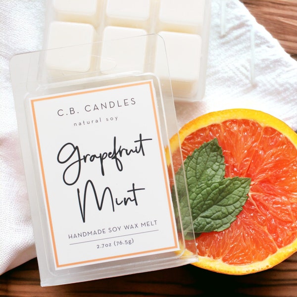 Grapefruit Mint Wax Melt, 100% Soy Wax, Handmade, Fruit/Herbal Scent, Essential Oil, Eco-friendly, 2.7 oz
