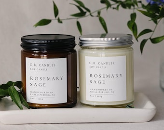 Rosemary Sage, 100% Soy Candle, Handmade, Herbal/Clean Scent, Essential Oil, Eco-friendly, 8 oz