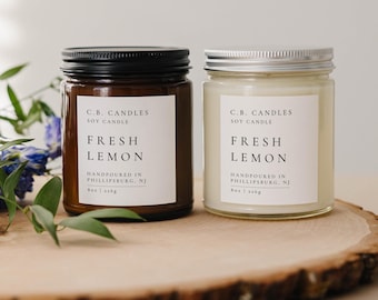 Fresh Lemon, 100% Soy Candle, Handmade, Fruit/Fresh Scent, Essential Oil, Eco-friendly, 8 oz