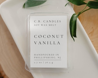 Cera fundente de coco y vainilla, 100 % cera de soja, hecha a mano, aroma veraniego/terroso, ecológica