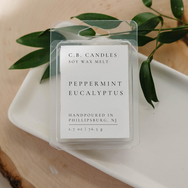 Peppermint Eucalyptus Wax Melt, 100% Soy Wax, Handmade, Herbal Clean Scent, Essential Oil, Eco-friendly