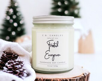 Frosted Evergreen, 100% Soy Candle, Winter/Earthy Scent, Handmade, Essential Oil, Eco-friendly, 7.5 oz