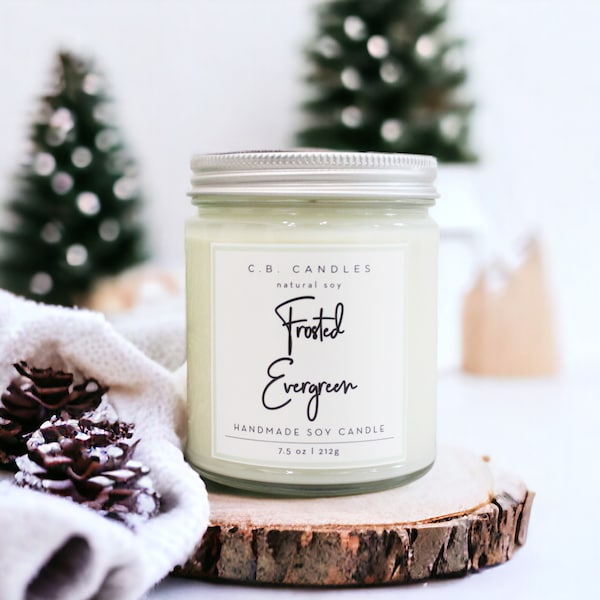 Frosted Evergreen, 100% Soy Candle, Winter/Earthy Scent, Handmade, Essential Oil, Eco-friendly, 7.5 oz