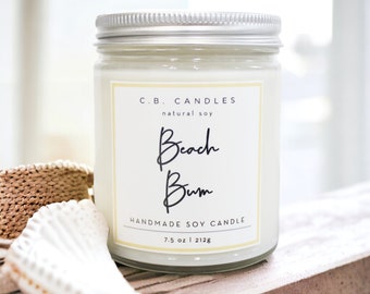 Beach Bum, 100% Soy Candle, Handmade, Summer/Earthy Scent, Eco-friendly, 7.5 oz