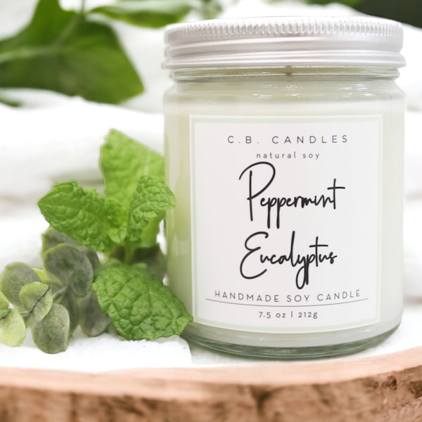 Peppermint Eucalyptus, 100% Soy Candle, Handmade, Herbal Clean Scent, Essential Oil, Eco-friendly, 7.5 oz