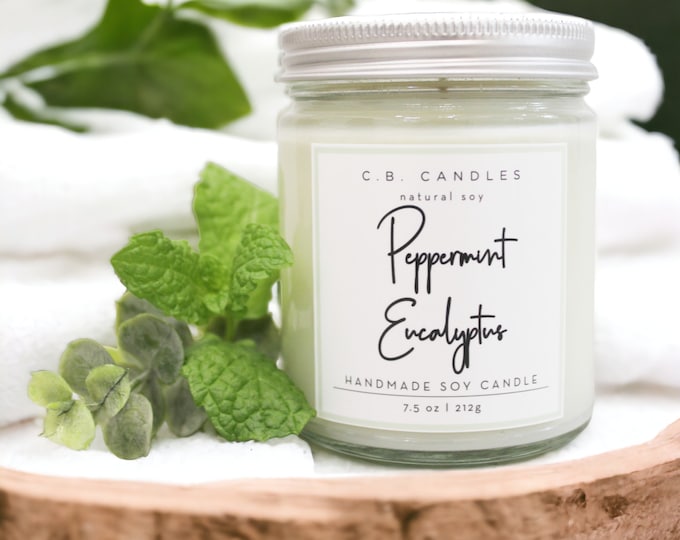 Peppermint Eucalyptus, 100% Soy Candle, Handmade, Herbal Clean Scent, Essential Oil, Eco-friendly, 7.5 oz