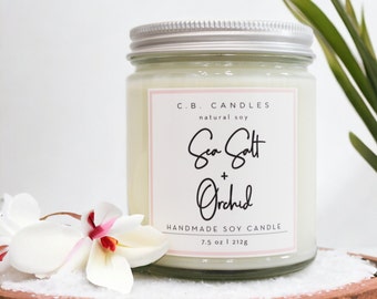 Sea Salt + Orchid, 100% Soy Candle, Handmade, Fruit/Herbal Scent, Essential Oil, Eco-friendly,  7.5 oz