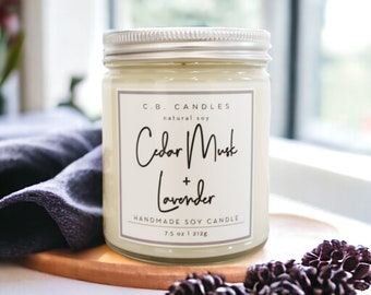 Cedar Musk + Lavender, 100% Soy Candle, Earthy Scent, Handmade, Eco-friendly, 7.5 oz