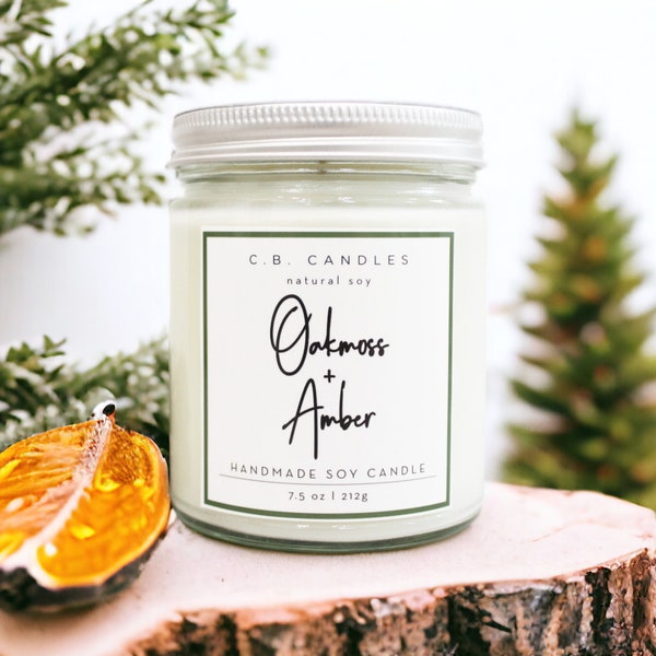 Oakmoss + Amber, 100% Soy Candle, Earthy Scent, Handmade, Essential Oil, Eco-friendly,  7.5 oz