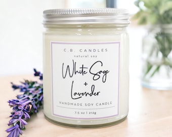 White Sage + Lavender, 100% Soy Candle, Handmade, Fruit/Herbal Scent, Essential Oil, Eco-friendly, 7.5 oz