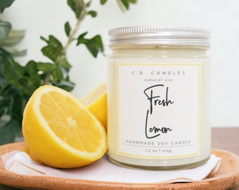 Fresh Lemon, 100% Soy Candle, Handmade, Fruit/Fresh Scent, Essential Oil, Eco-friendly, 7.5 oz