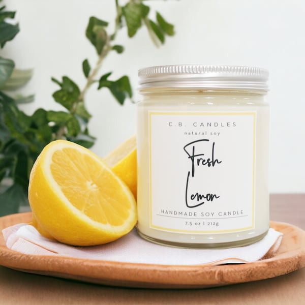 Fresh Lemon, 100% Soy Candle, Handmade, Fruit/Fresh Scent, Essential Oil, Eco-friendly, 7.5 oz