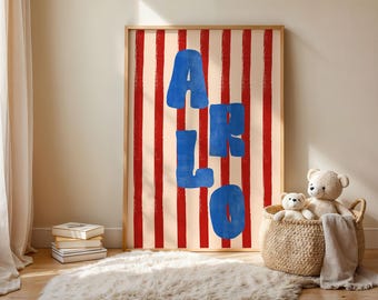 CUSTOM NAME Kids Room Poster, Printable Playroom Decor, Vertical Name Print, Retro Kids Art