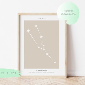 TAURUS ZODIAC Geburt Poster, benutzerdefinierte Tierkreis-Plakat, druckbare TAURUS Poster, Geburt Geschenk, Kinderzimmer Dekor, Taurus Baby Poster, Sternzeichen Geburt Plakat