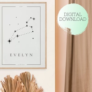 LEO ZODIAC Geburtsposter, individuelles Sternzeichen Babyposter, Printable Leo Zeichen Poster, Geburtsgeschenk, Kinderzimmerdeko, Babyposter, Geburtsposter Sternzeichen