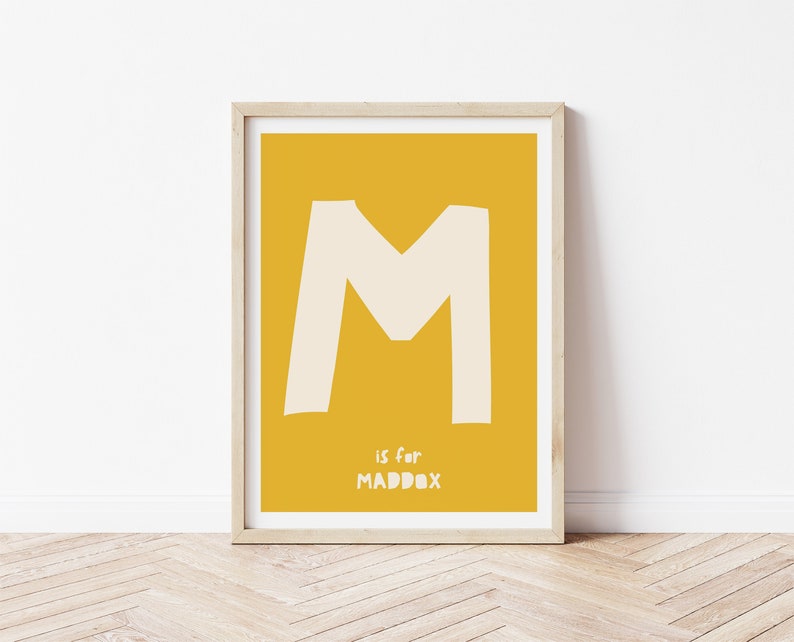 May include: A yellow printable poster with a white letter M and the text "M is for Maddox".