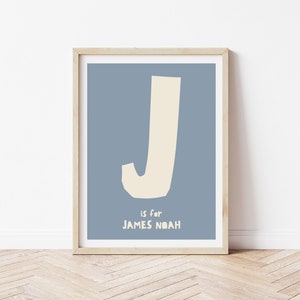 May include: A framed print with a light blue background and a large, off-white letter J. The text "J is for JAMES NOAH" is printed below the letter.