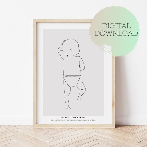 DRUCKBAREs Baby Poster, Personalisiertes Geburtsposter, Neugeborene im Maßstab 1:1, Geburtsgeschenk, Geburtsposter, Baby Wandkunst, Kinderzimmer Dekor, Illustration