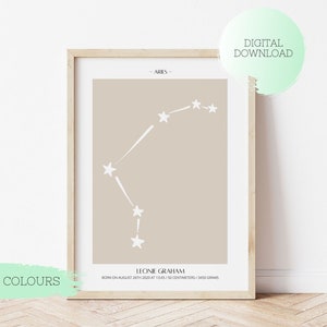 Poster di nascita ZODIACO ARIES, poster zodiacale personalizzato, poster ARIES stampabile, regalo di nascita personalizzato, poster bambino Aries, poster di nascita Zodiaco