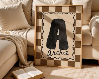 CUSTOM INITIAL Kids Room Poster, Personalised Name Playroom Decor, RETRO Printable Art