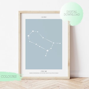 GEMELLI ZODIAC Poster di nascita, poster personalizzato per bambini con segno zodiacale, poster stampabile Gemelli, regalo di nascita, decorazioni per la cameretta dei bambini, poster per bambini, poster di nascita con segno zodiacale