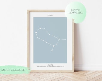 GEMINI ZODIAC Birth Poster, Custom zodiac Baby poster, Printable Gemini Poster, Birth Gift, Nursery Decor, Baby poster, Birth poster zodiac