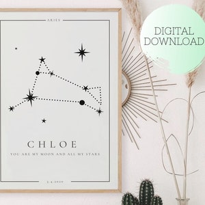 Widder Sternzeichen Geburtsplakat, individuelles Sternzeichen Poster, bedruckbares Widder Poster, personalisiertes Geburtsgeschenk, Widder Baby Plakat, Sternzeichen Geburtsplakat