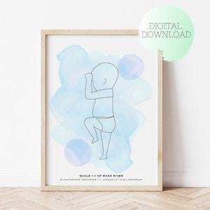 Affiche de naissance personnalisée imprimable, illustration de nouveau-né à l'échelle 1:1, cadeau de naissance, affiche de naissance, cadeau de Noël, décoration de chambre d'enfant, affiche de bébé