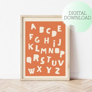 PRINTABLE Alphabet Wall Decor, Alphabet poster, Rust Kids Room decor, Orange Alphabet Print, Word poster, Kids burnt orange poster