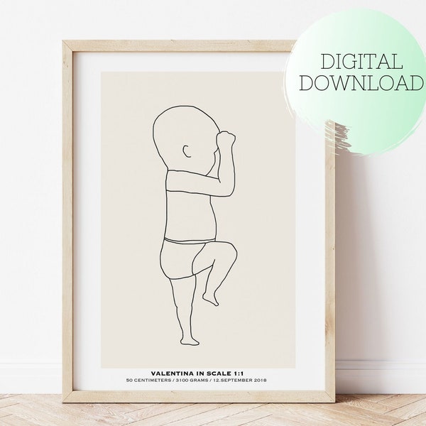 PRINTABLE CUSTOM BIRTH Poster, Newborn Illustration in scale 1:1, Birth Gift, Birth Poster, Christmas Gift, Nursery decor, Baby poster Scale