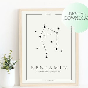 Waage Sternzeichen Geburtsposter, Sternzeichen Babyposter, Waage Poster, Geburtsgeschenk, Digitales Kinderzimmerdekor, individuelles Babygeschenk, Geburtsposter Sternzeichen