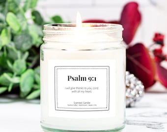 Psalm 9:1 candle, I will give thanks to the lord, Bible verse scented candle, religious Christian Psalm 9 1, prayer candle, religious gifts