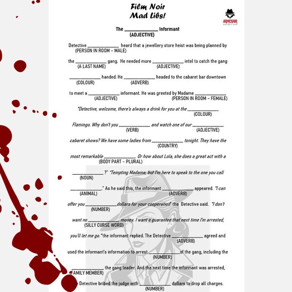 Film Noir Mad Libs - 3 x Downloadable Files - Game to Print At Home