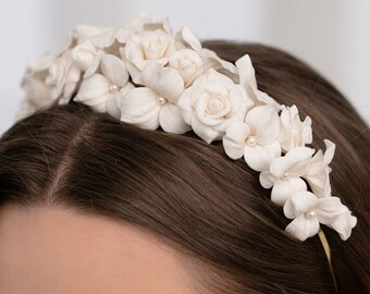 Bridal headband ceramic roses flowers. Clay white roses and flower gold tiara, porcelain bridal flower crown, gold bridal headband DB34