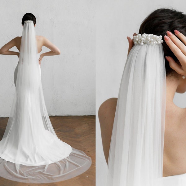 Wedding veil, pearl bridal veil. Chapel length wedding veil with pearl comb, Long wedding veil, Elegant tulle wedding veil