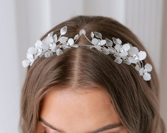 Floral bridal tiara, crystal flower wedding tiara with leaves, rustic hair accessories, flower girl headband, white floral tiara