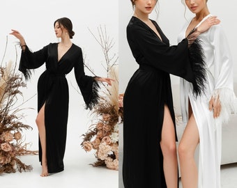 Bridal long robe, feather wedding robe. Black silk robe, long silk robe, bride photo shoot black robe Angel