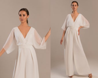 Wedding jumpsuit with long sleeves, Bridal jumpsuit v-neck and open back Saba