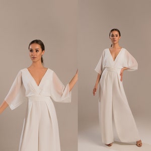 Wedding jumpsuit with long sleeves, Bridal jumpsuit v-neck and open back Saba