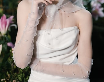 Guanti da sposa lunghi in tulle, guanti da sposa con perle finte incastonate, guanti in pizzo bianchi per da, guanti trasparenti da sera per festa anni '20 | SHEIN ALIA